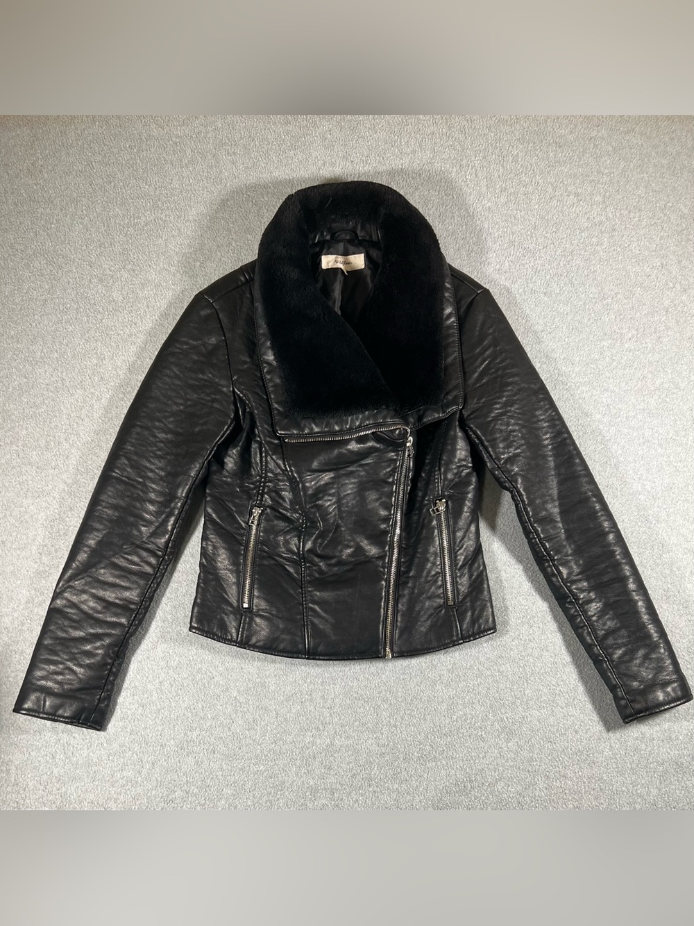 Wildflower Womens Black Faux Leather Biker Jacket Faux Fur Trim Collar S